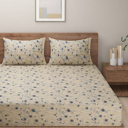 Chic Beige Floral Exclusive Print Cotton Satin Bedding Set Double Size