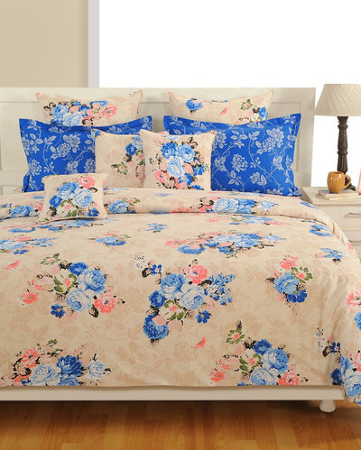 Blue Floral Ananda Cotton One Bedsheet With Two Pillow Covers | 108 x 90 inches