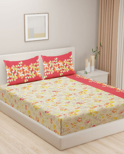 Floral Print Cotton Bedsheet Set with Two Pillow Covers | 108 x 90 inches