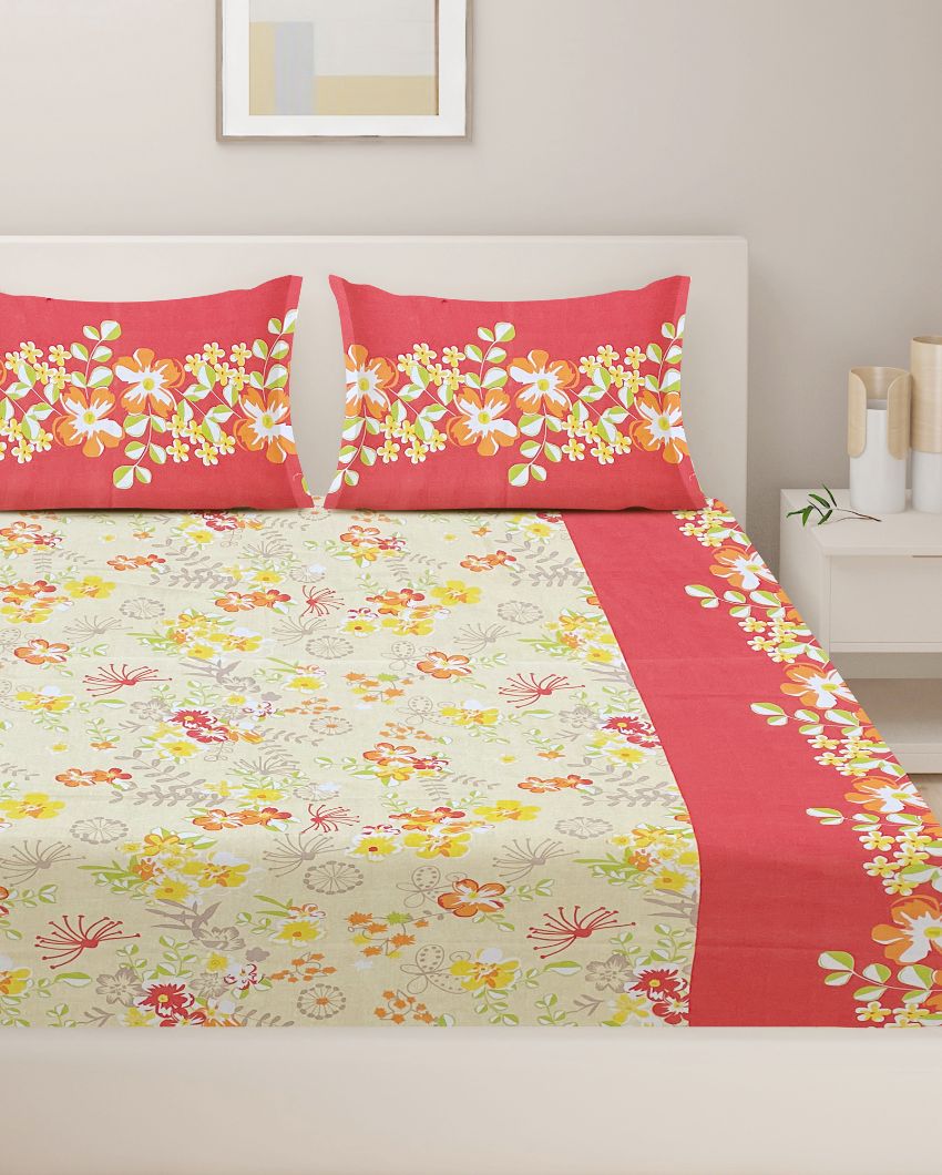 Floral Print Cotton Bedsheet Set with Two Pillow Covers | 108 x 90 inches