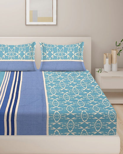 Blue Geometric Cotton One Bedsheet With Two Pillow Covers | 108 x 90 inches