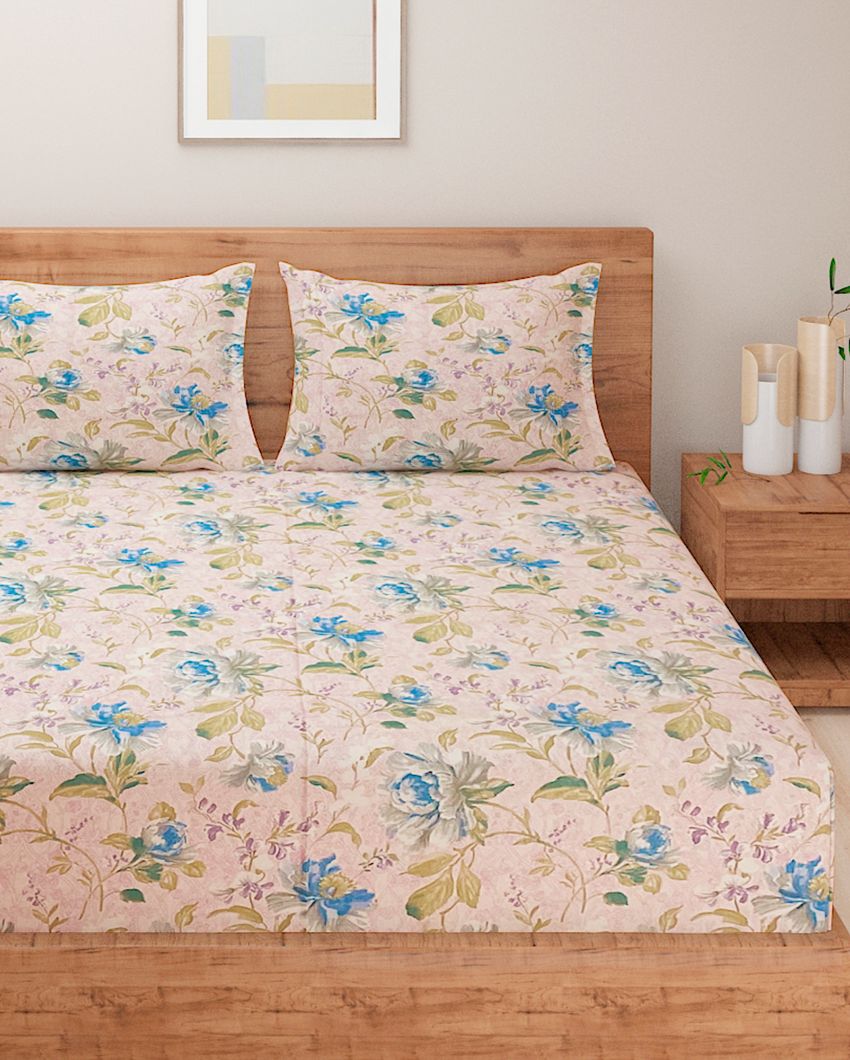 Pink Floral Monalisa Midas Cotton One Bedsheet With Two Pillow Covers | 108 x 90 inches