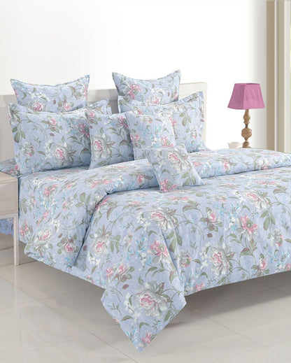 Blue Floral Print Cotton One Bedsheet With Two Pillow Covers | 108 x 90 inches