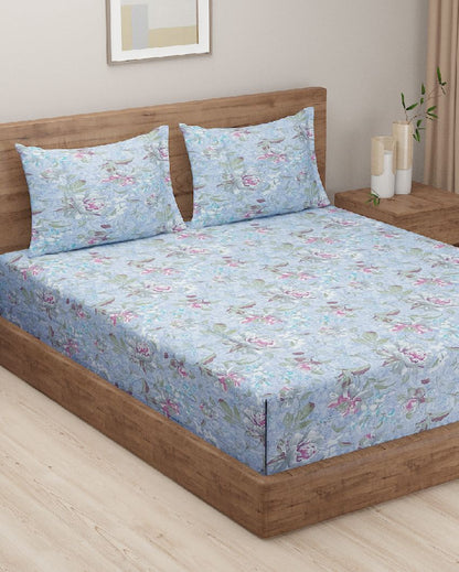 Blue Floral Print Cotton One Bedsheet With Two Pillow Covers | 108 x 90 inches