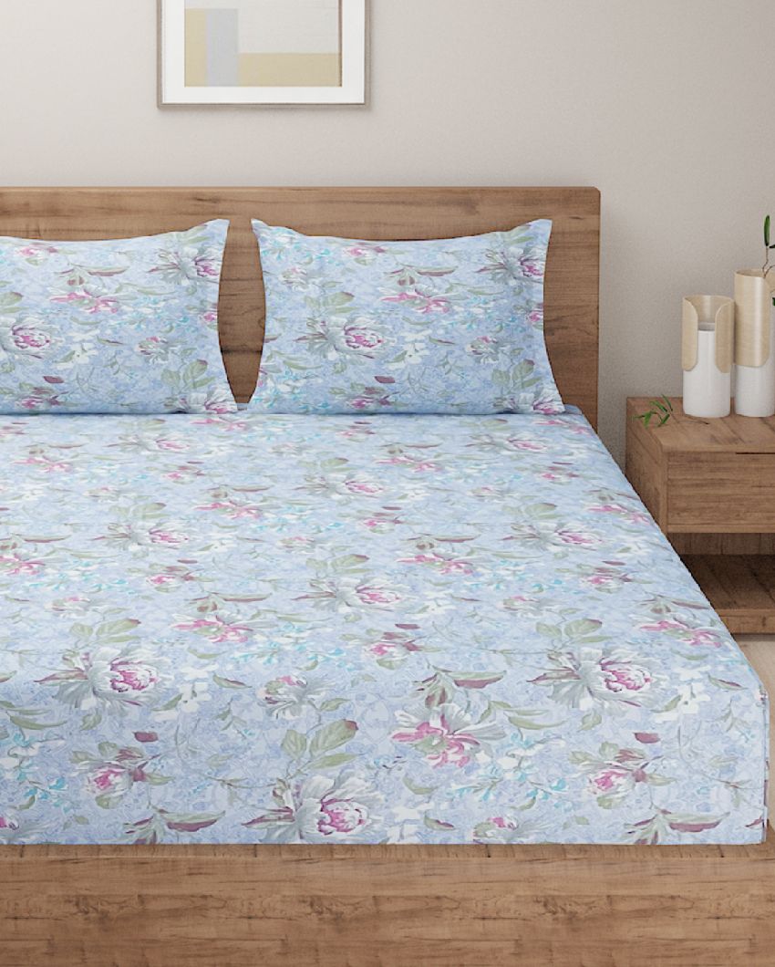 Blue Floral Print Cotton One Bedsheet With Two Pillow Covers | 108 x 90 inches