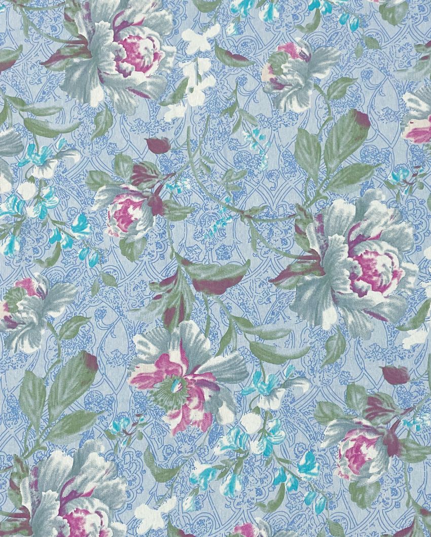 Blue Floral Print Cotton One Bedsheet With Two Pillow Covers | 108 x 90 inches