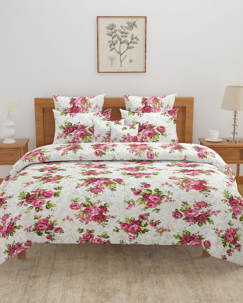 Red Floral Print Cotton One Bedsheet With Two Pillow Covers | 108 x 90 inches