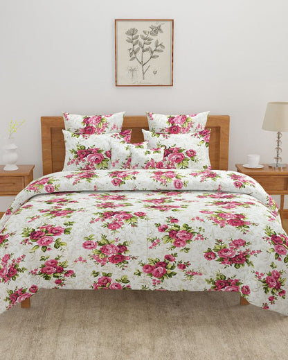 Red Floral Print Cotton One Bedsheet With Two Pillow Covers | 108 x 90 inches