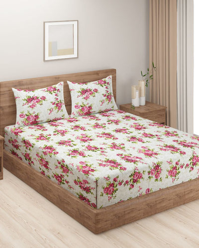 Red Floral Print Cotton One Bedsheet With Two Pillow Covers | 108 x 90 inches