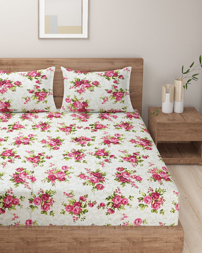 Red Floral Print Cotton One Bedsheet With Two Pillow Covers | 108 x 90 inches