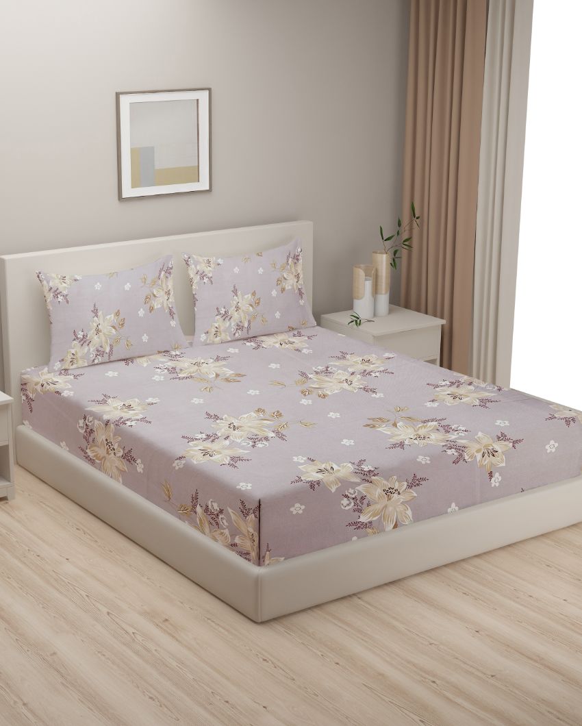 Purple Veda Floral Print Cotton One Bedsheet With Two Pillow Covers | 100 x 90 inches