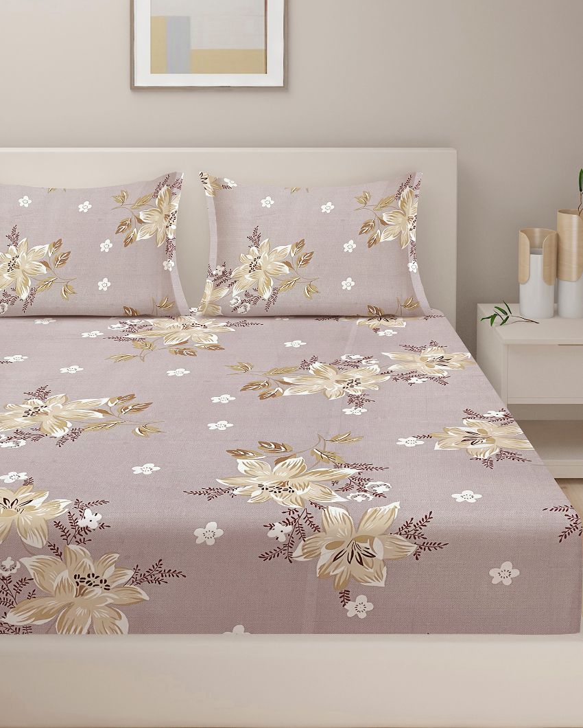 Purple Veda Floral Print Cotton One Bedsheet With Two Pillow Covers | 100 x 90 inches