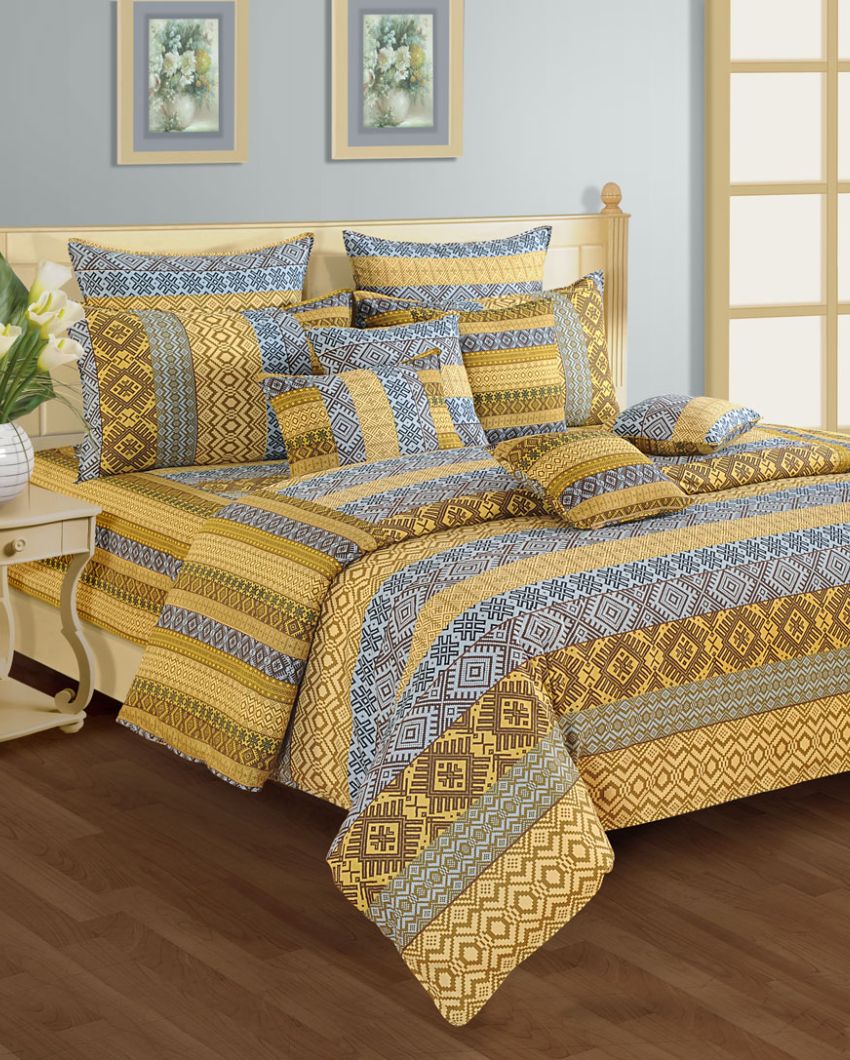 Yellow Ethnic Motif Veda Cotton One Bedsheet With Two Pillow Covers | 100 x 90 inches