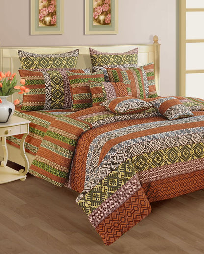 Orange Ethnic Motif Veda Cotton One Bedsheet With Two Pillow Covers | 100 x 90 inches