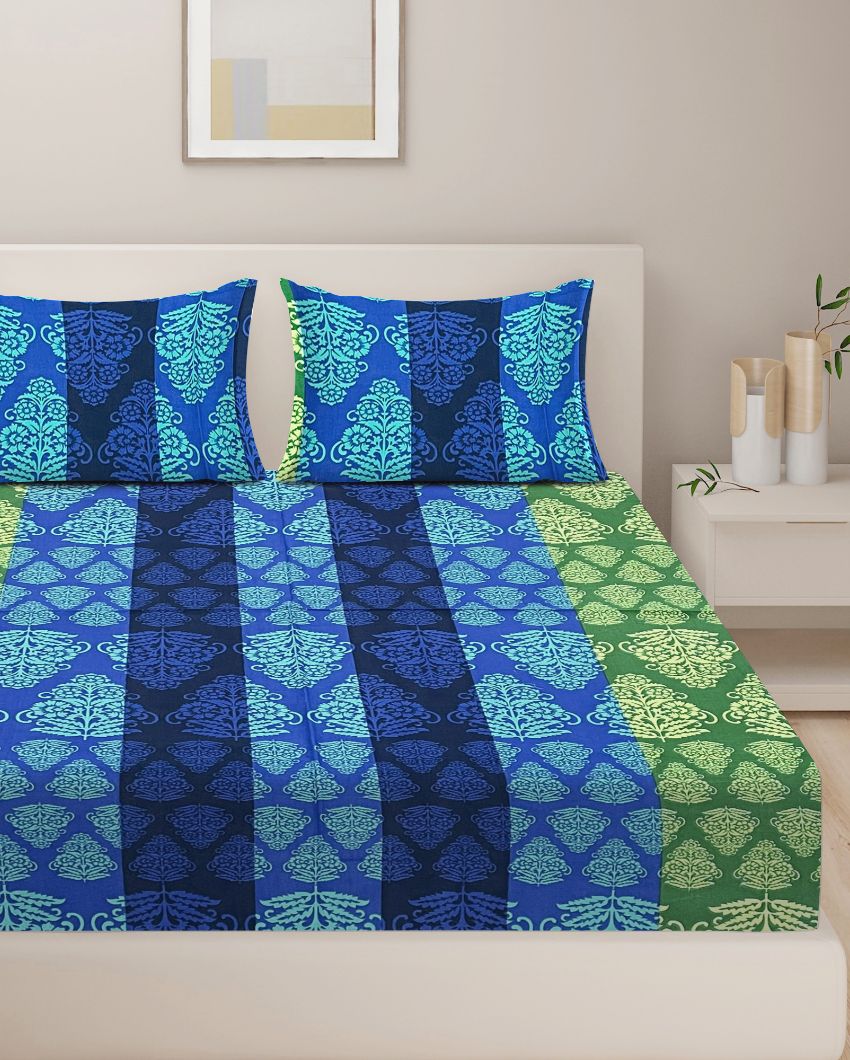 Blue Ethnic Motif Veda Cotton One Bedsheet With Two Pillow Covers | 100 x 90 inches