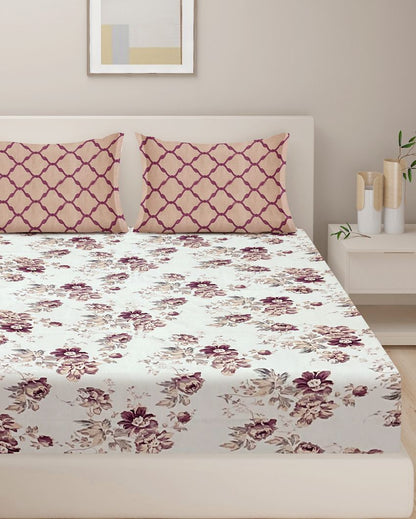 Pink Floral Veda Cotton One Bedsheet With Two Pillow Covers | 100 x 90 inches