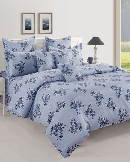 Blue Veda Floral Print Cotton Bedsheet Set with Two Pillow Covers | 100 x 90 inches