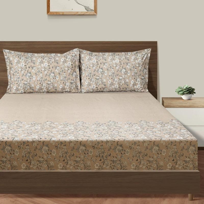 Beige Roses Floral Print Cotton Double Bedding Set Double Size