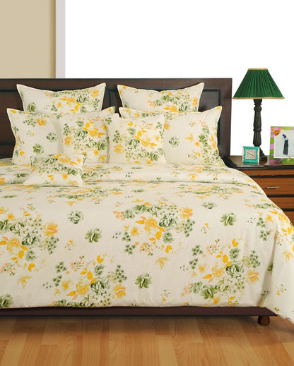 White Natural Veda Floral Print Pure Cotton One Bedsheet With Two Pillow Covers | 100 x 90 inches