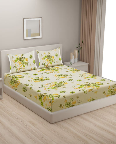 White Natural Veda Floral Print Pure Cotton One Bedsheet With Two Pillow Covers | 100 x 90 inches