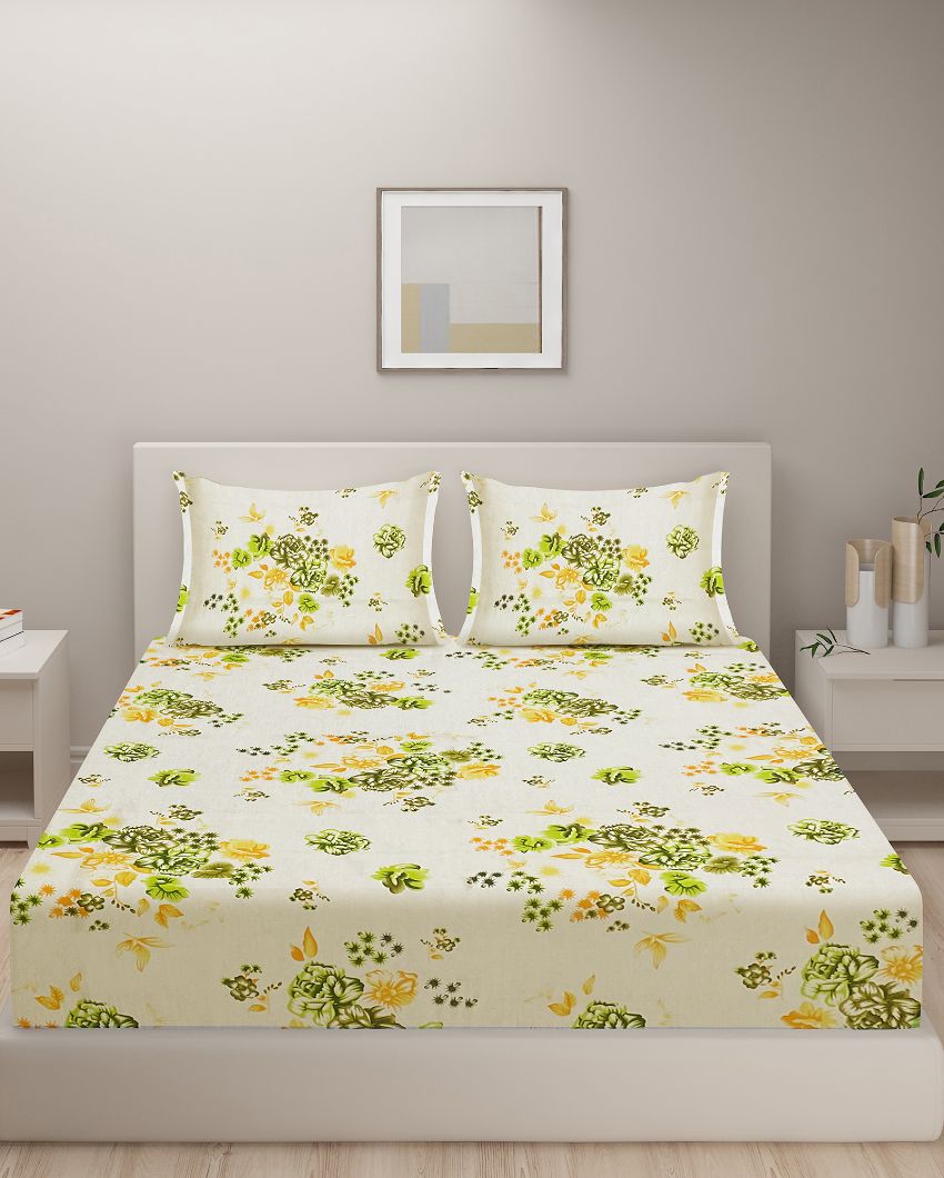 White Natural Veda Floral Print Pure Cotton One Bedsheet With Two Pillow Covers | 100 x 90 inches