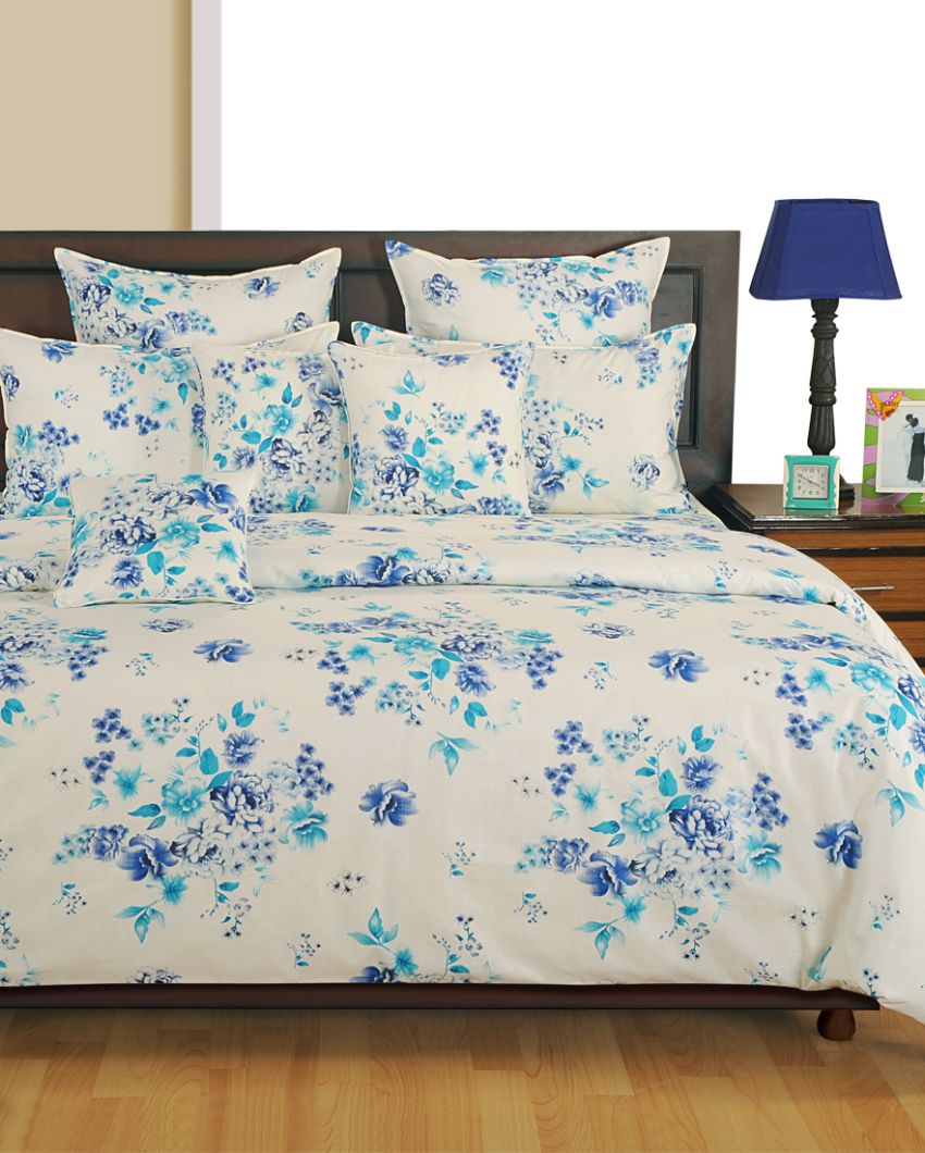 Blue Veda Floral Print Cotton One Bedsheet With Two Pillow Covers | 100 x 90 inches