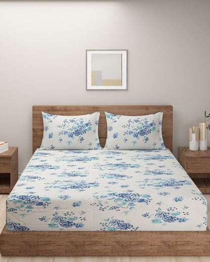 Blue Veda Floral Print Cotton One Bedsheet With Two Pillow Covers | 100 x 90 inches