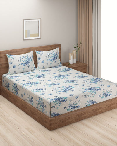 Blue Veda Floral Print Cotton One Bedsheet With Two Pillow Covers | 100 x 90 inches