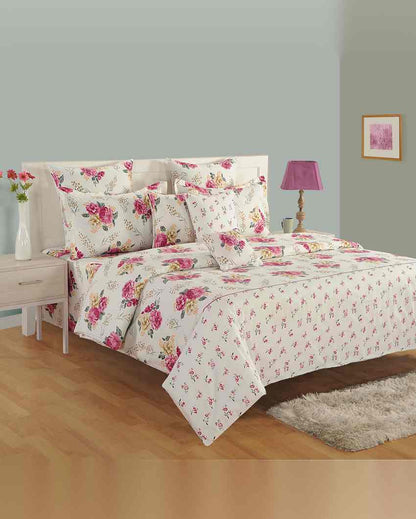 Classic Zinnia Floral Print Mercerized Pure Cotton One Bedsheet With Two Pillow Covers Set