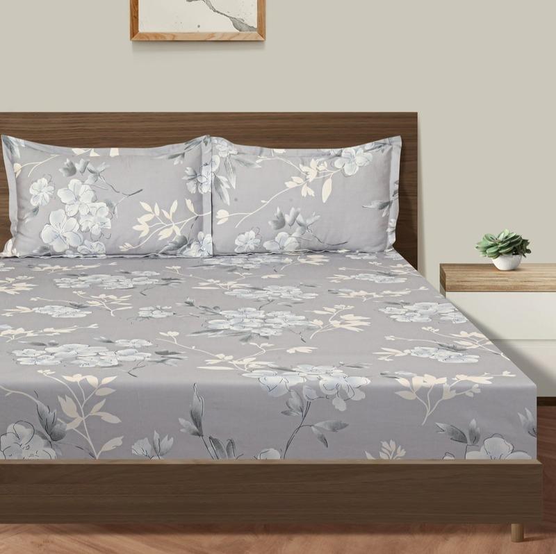 Big Floral Grey Print Cotton Satin Bedding Set Double Size