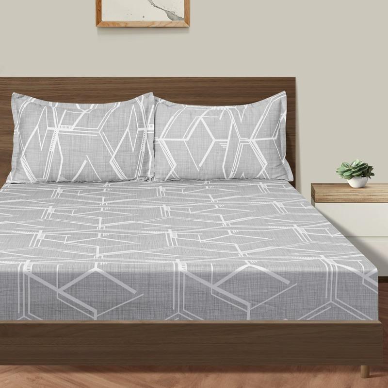 Graphical Grey Print Cotton Satin Bedding Set Double Size