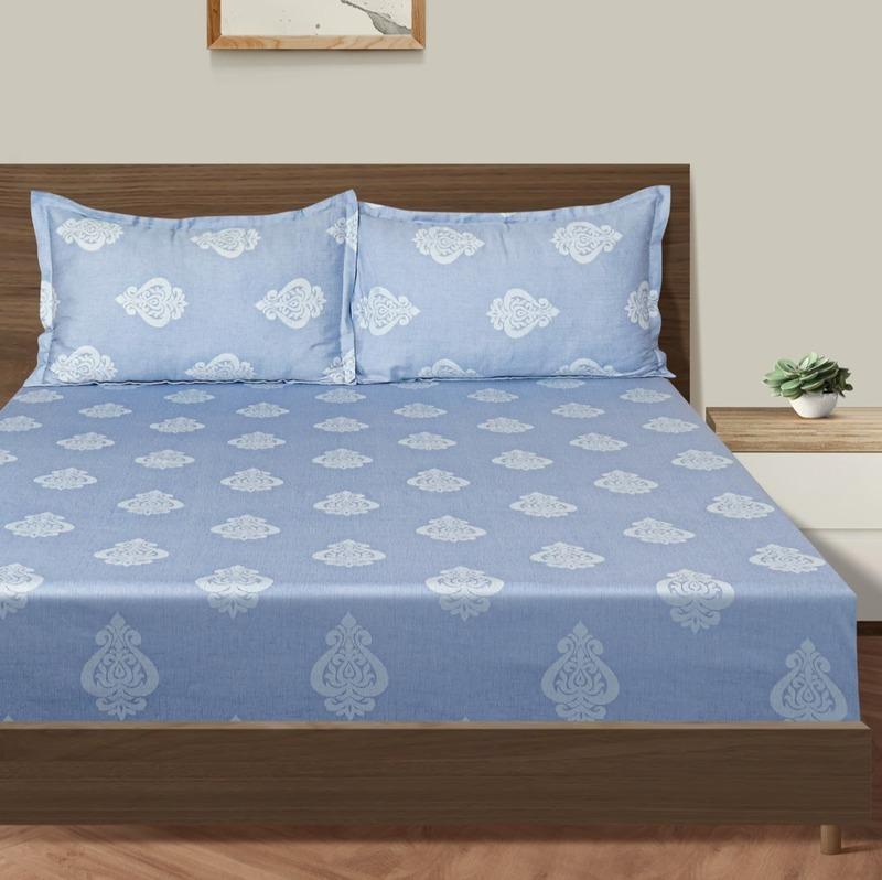 Classy Sky Blue Floral Print Cotton Bedding Set Double Size