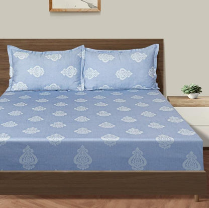 Classy Sky Blue Floral Print Cotton Bedding Set Double Size