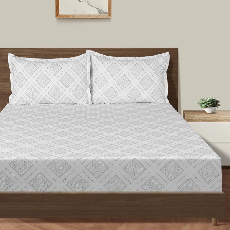 Grey Box Pattern Print Cotton Satin Bedding Set Double Size