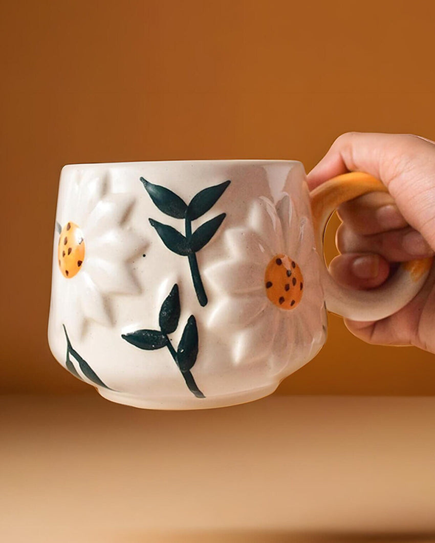 Whimsical Brown Ceramic Daisy Cup | Set of 2 | 3 x 4 inches
