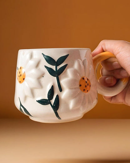 Whimsical Brown Ceramic Daisy Cup | Set of 2 | 3 x 4 inches
