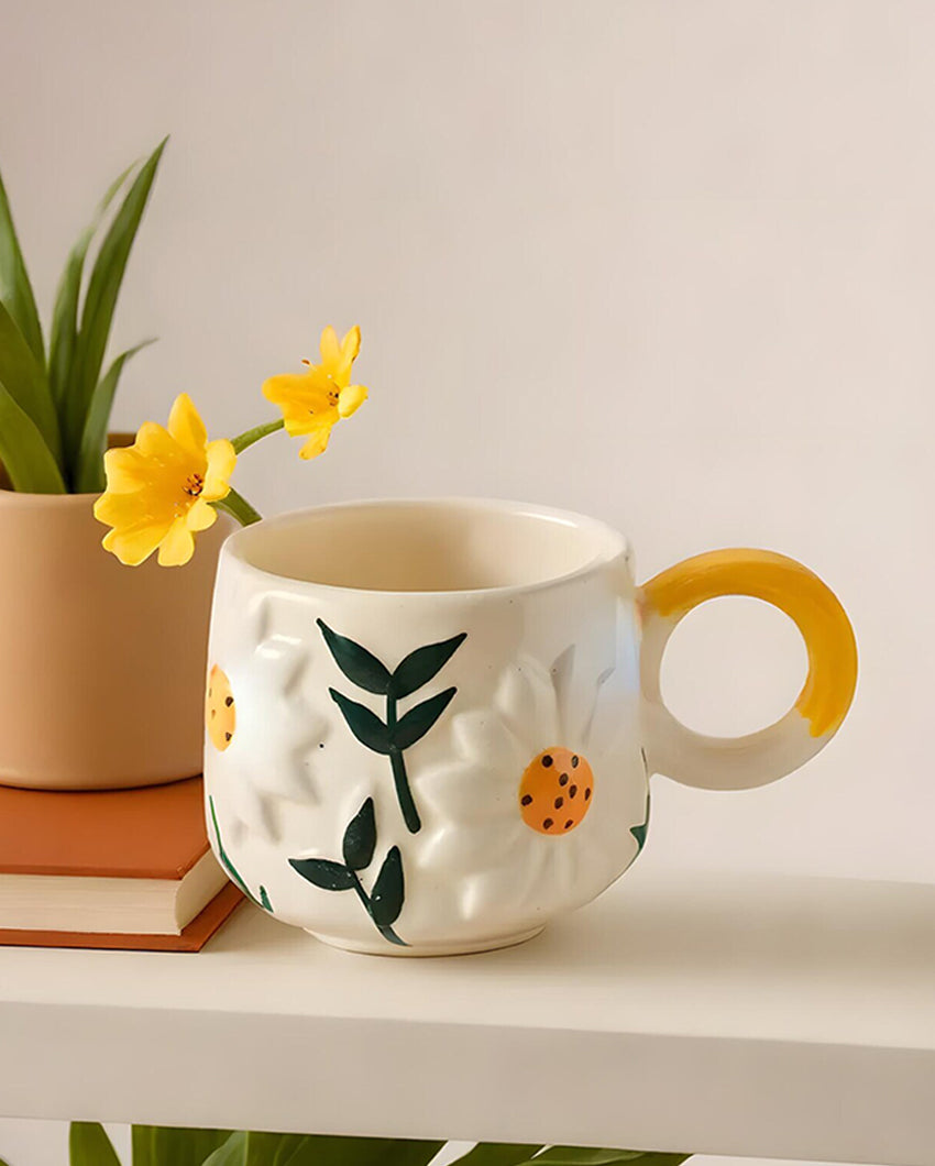 Whimsical Brown Ceramic Daisy Cup | Set of 2 | 3 x 4 inches
