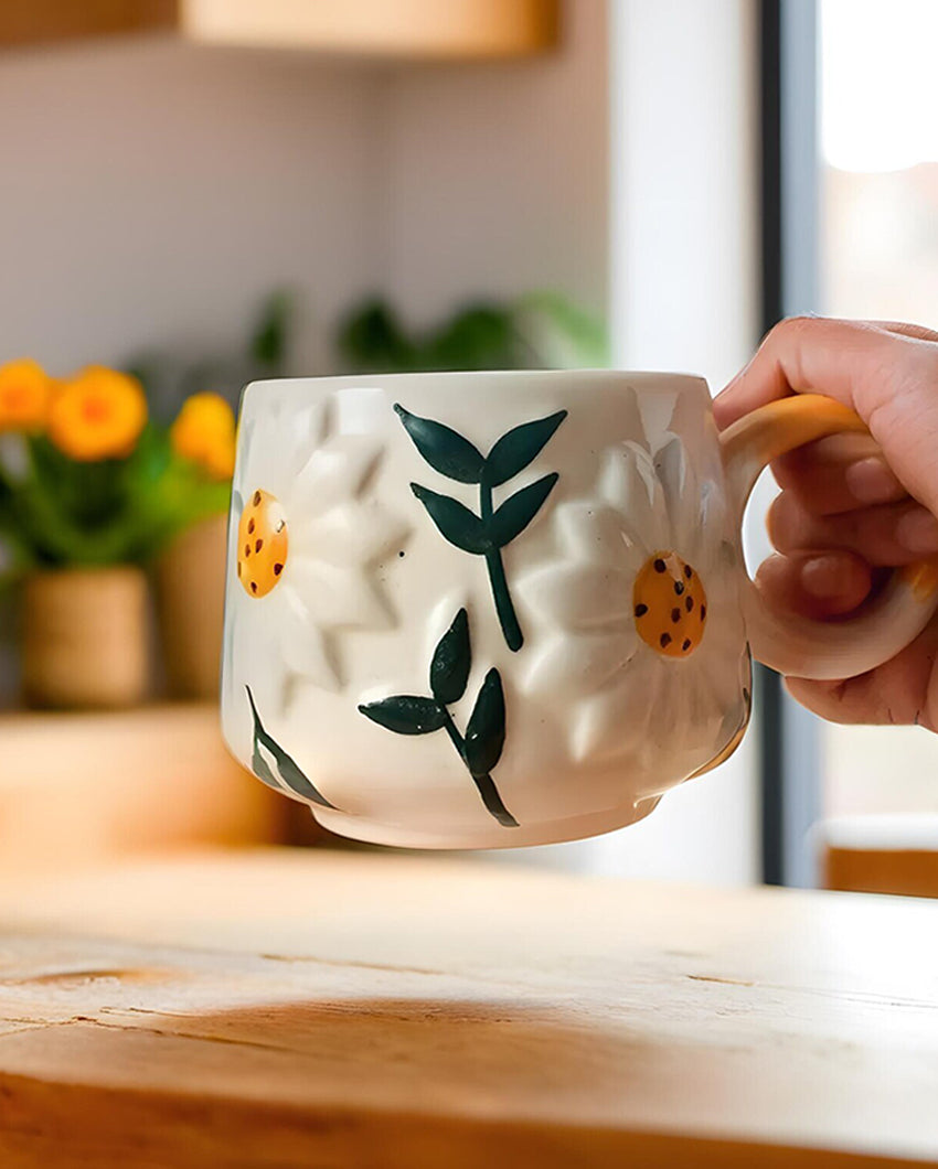 Whimsical Brown Ceramic Daisy Cup | Set of 2 | 3 x 4 inches