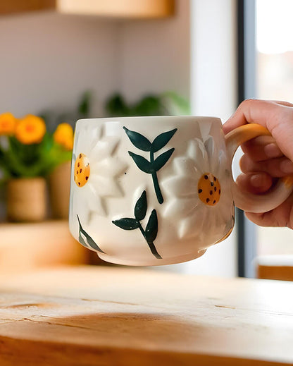 Whimsical Brown Ceramic Daisy Cup | Set of 2 | 3 x 4 inches