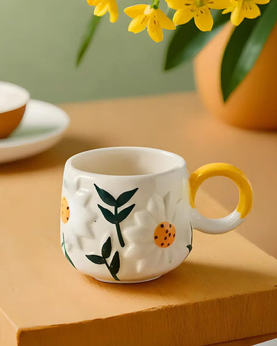 Whimsical Brown Ceramic Daisy Cup | Set of 2 | 3 x 4 inches