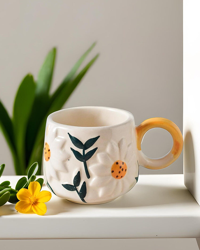 Whimsical Brown Ceramic Daisy Cup | Set of 2 | 3 x 4 inches