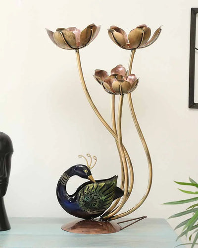 Peacock With Flower Iron Tea Light Holder Figurine