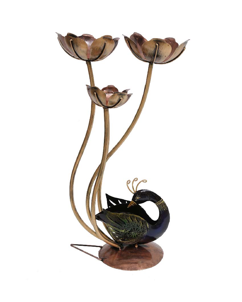 Peacock With Flower Iron Tea Light Holder Figurine