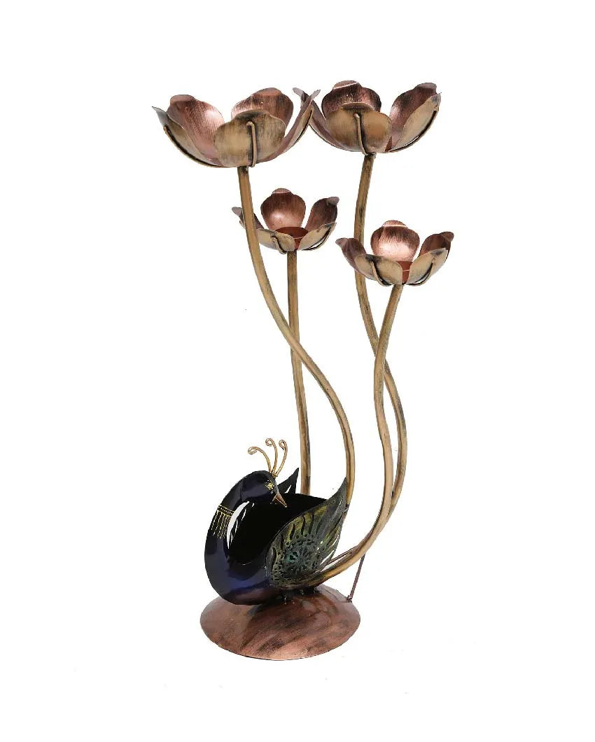 Peacock With Flower Iron Tea Light Holder Figurine