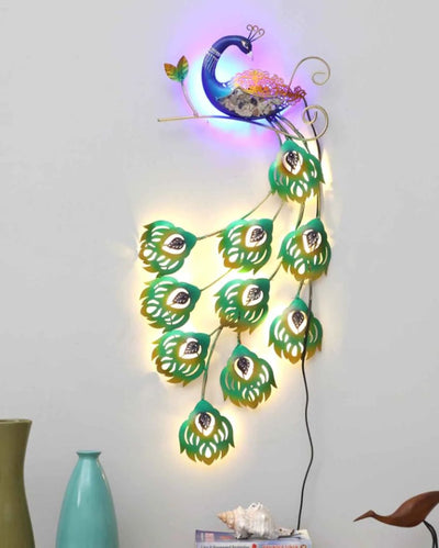 Vibrant Iron Peacock Wall Art with LED Illumination