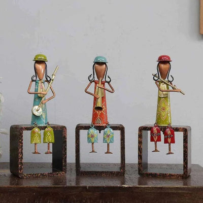 Wooden Lady Musician Human Figurine | Set of 3