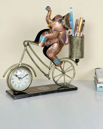 Cyclic Elephant Clock with Pen Holder | 11 x 3 inches