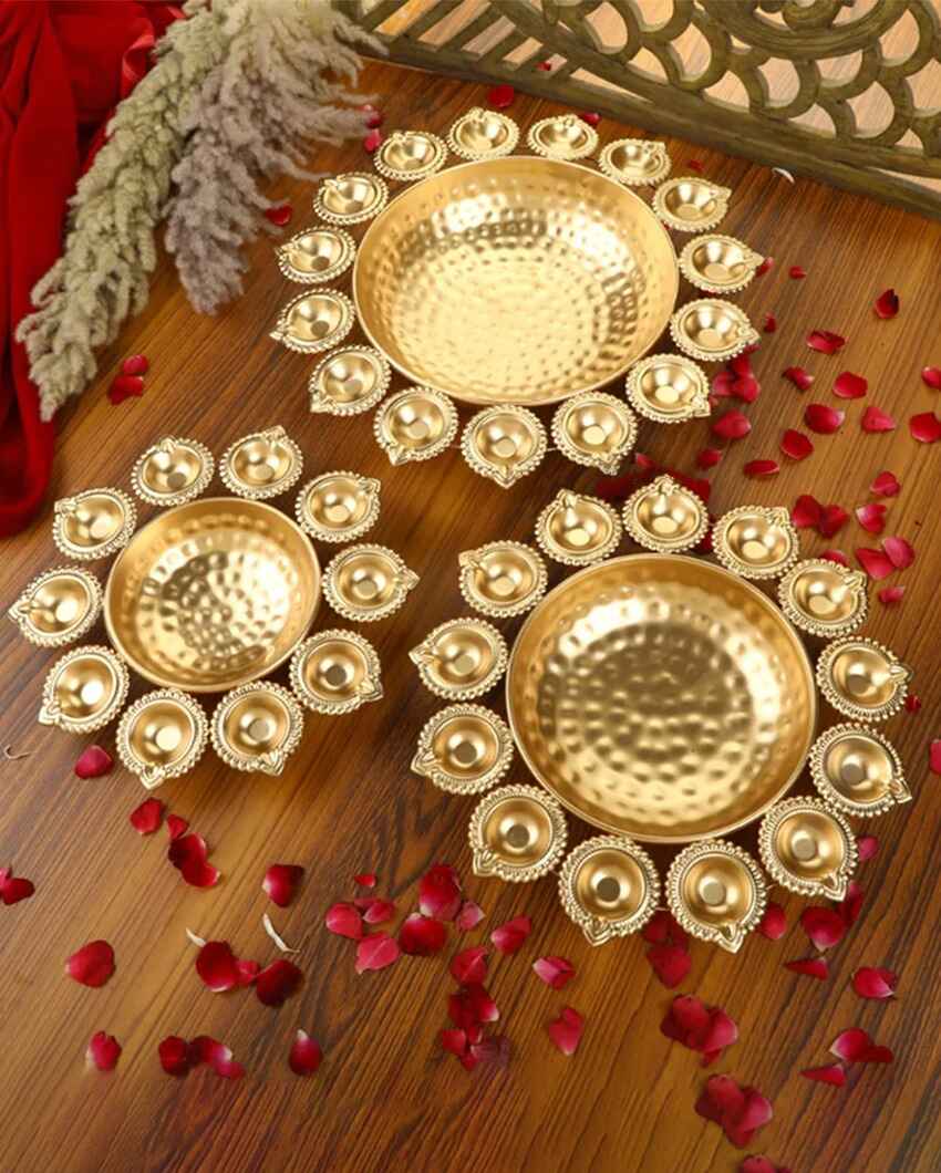 Flower Shape Metal Diya Bowl Urli | Set of 3