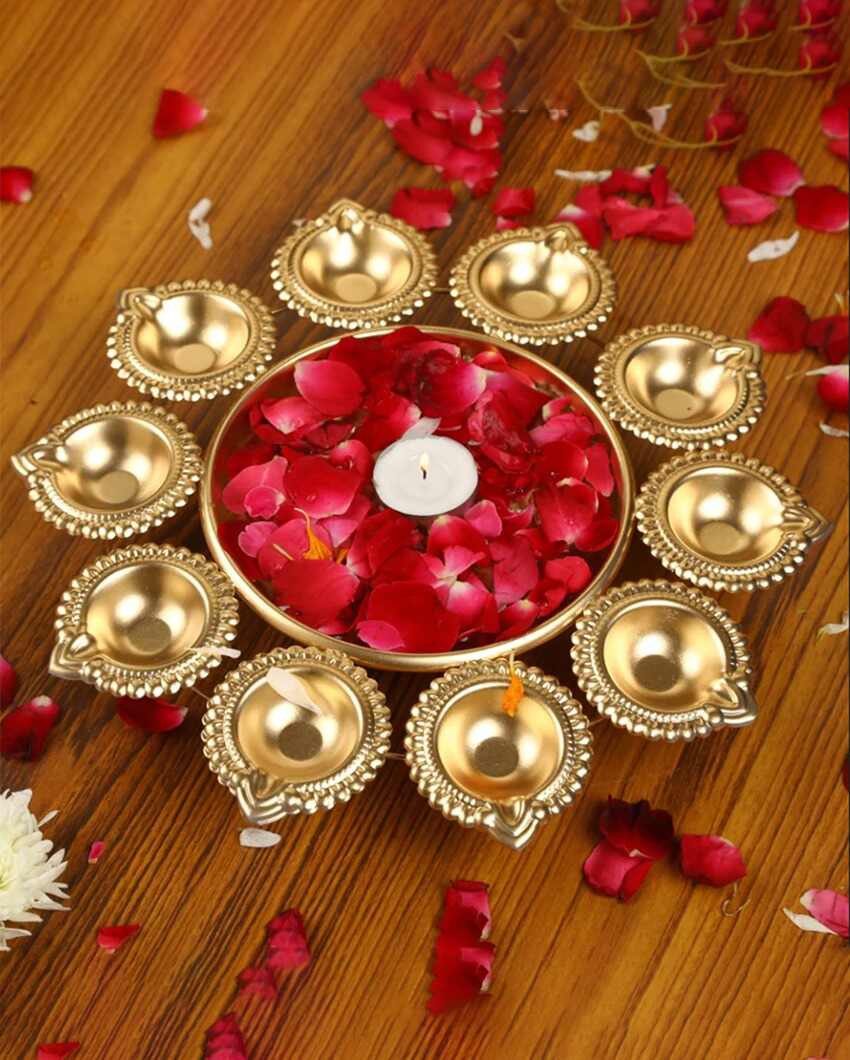 Flower Shape Metal Diya Bowl Urli | Set of 3