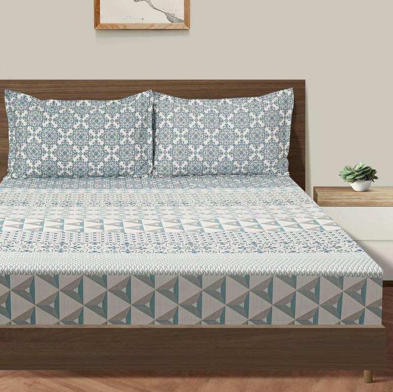 Blue Color Flower Print Cotton Bedding Set Double Fitted Size